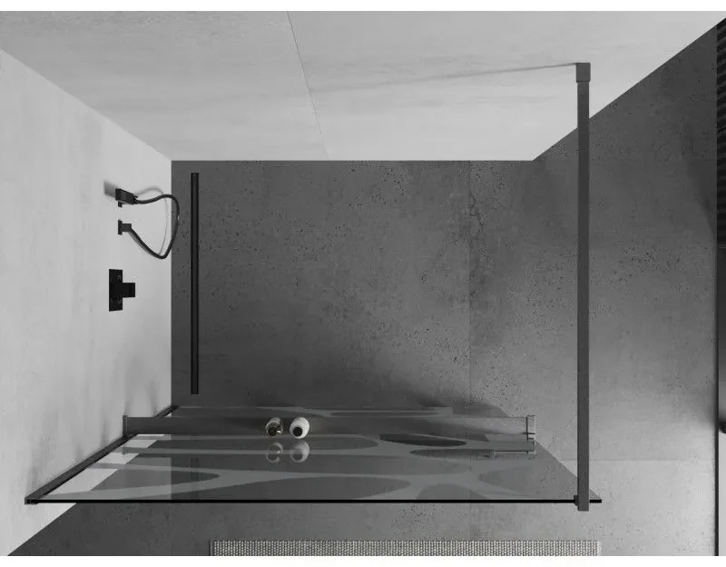 Mexen Kioto+, sprchová zástena Walk-In s poličkou a vešiakom 100 x 200 cm, 8mm číre sklo biely vzor, grafitový profil, 800-100-121-66-97