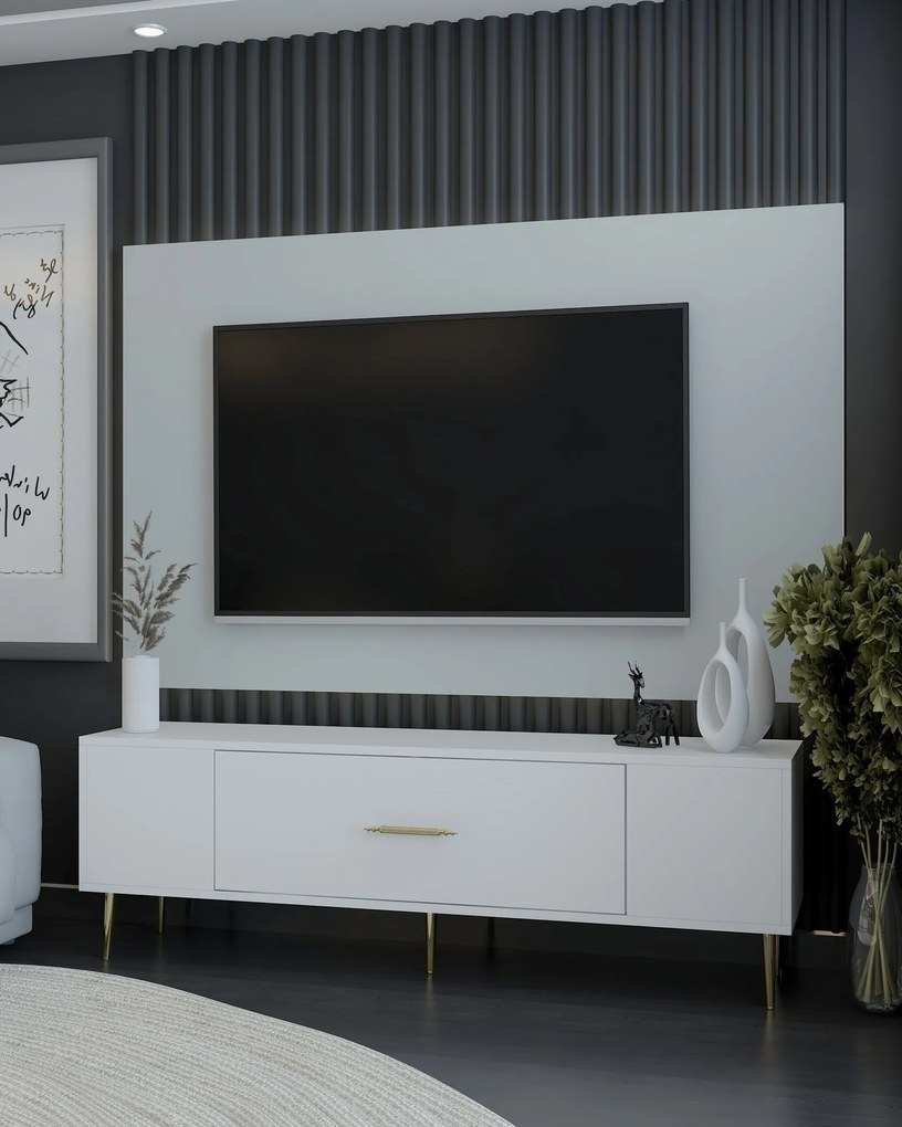 TV stolík/skrinka Dekondino (biela + zlatá). Akcia -21%. Vlastná spoľahlivá doprava až k Vám domov. 1127723