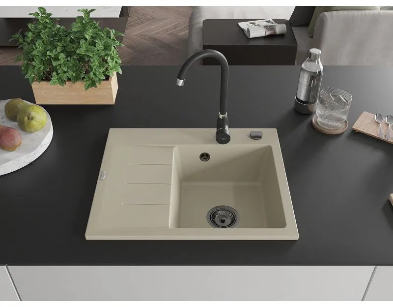 Mexen Ben, 1-komorový granitový drez 600x500x190 mm, pravý + čierny sifón, béžová, 6523605000-69-B