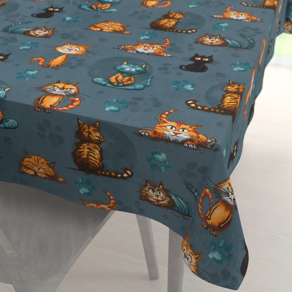 Biante Detský bavlnený obdĺžnikový obrus Sandra SA-705 Mačacia partia na tmavo sivomodrom 140x200 cm