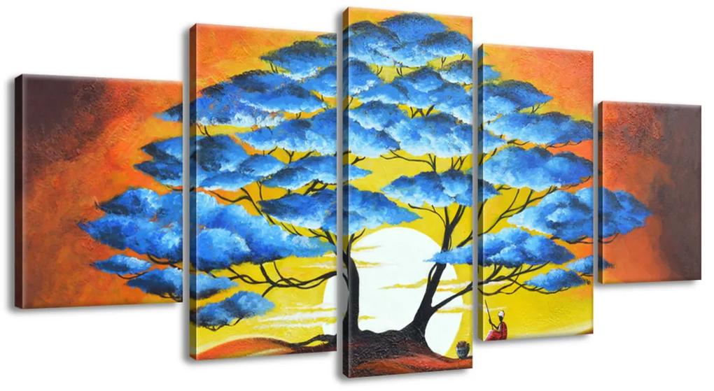 Gario Ručne maľovaný obraz Odpočinok pod modrým stromom - 5 dielny Rozmery: 100 x 70 cm