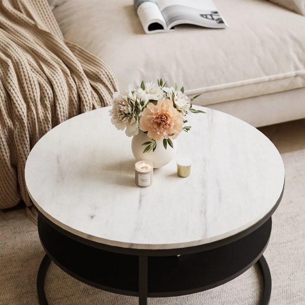 KONFERENČNÝ STOLÍK LEONARDO S POLICOU BIELY MRAMOR + ČIERNY