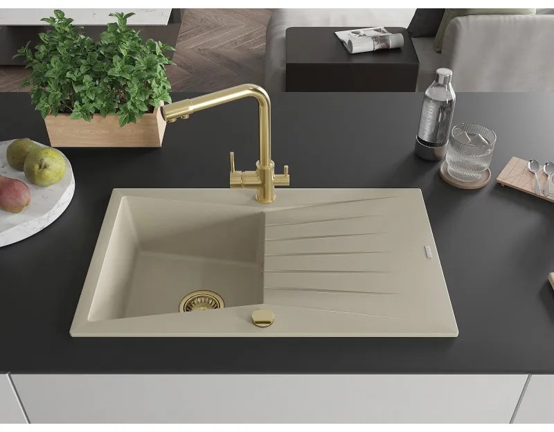 Mexen Cesar, granitový drez 775x470x190 mm, 1-komorový a zlatá batéria Duero, béžová, 6514-69-671600-50