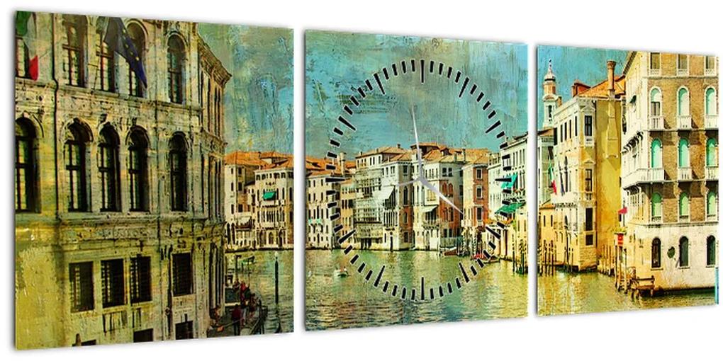 Obraz - Benátsky kanál a gondoly (s hodinami) (90x30 cm)