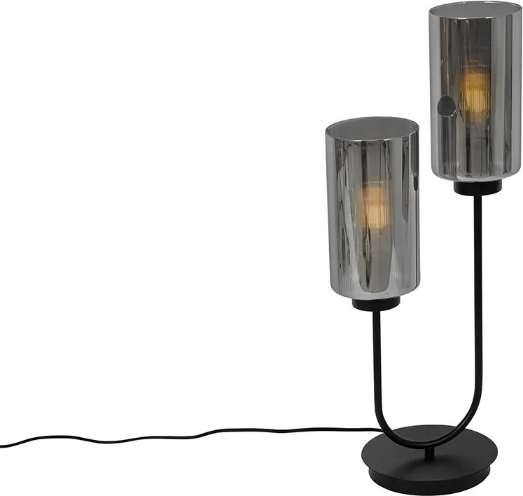 Art Deco stolná lampa čierna s dymovým sklom 2-svetlo - Laura