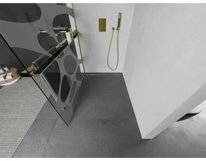 Mexen Kioto+ L, sprchová zástena Walk-In s poličkou a vešiakom 110 x 200 cm, 8mm číre sklo biely vzor, zlatý lesklý profil,800-110-123-50-97