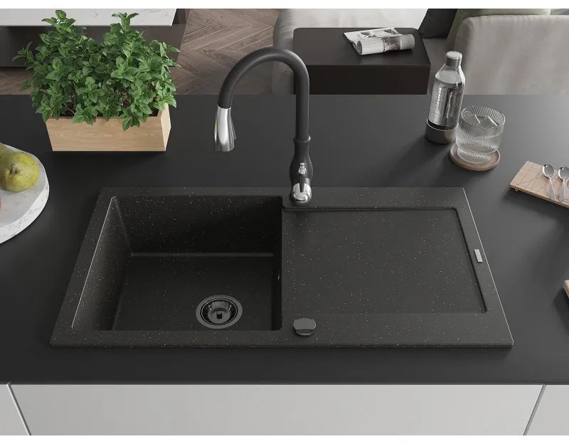 Mexen Leo, 1-komorový granitový drez 900x500x190 mm a drezová batéria Savita, čierna-zlatá metalíza, 6501-75-672601-70-B