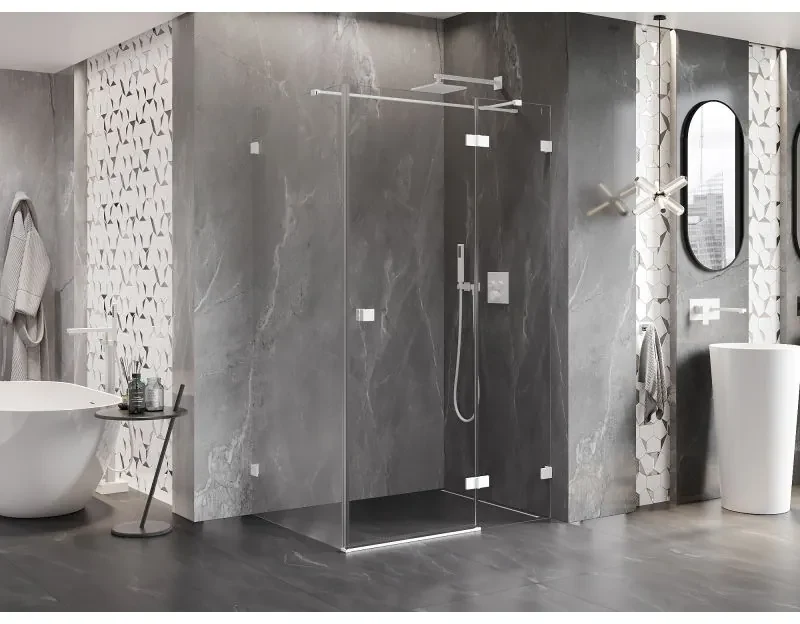 Mexen Lunar T, sklopný sprchový kút pravý 135 x 110 cm, 8mm číre sklo, biely profil, 834T-135-110-20-00-P