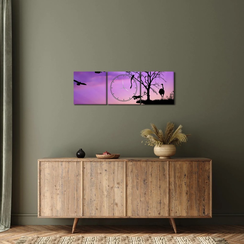 Obraz - Siluety zvierat (s hodinami) (90x30 cm)
