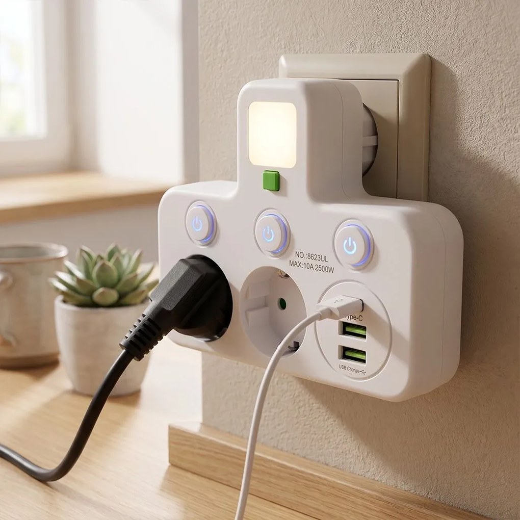 Toolight Toolight, JNH017, zásuvkový rozbočovač 2 zásuvky + 2× USB-A + USB-C s LED svetlom, biela, OSW-56309