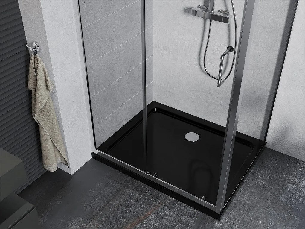 Mexen Apia sprchovací kút s posuvnými dverami 90 (dvere) x 100 (stena) cm, 5mm číre sklo, chrómový profil + čierna sprchová vanička s chrómovým sifónom, 840-090-100-01-00-4070