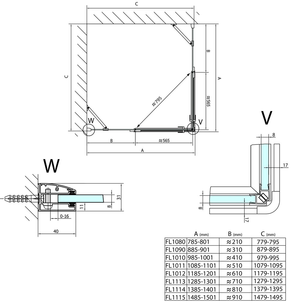 Polysan Polysan, FORTIS LINE obdĺžniková sprchová zástena 800x1100 mm, rohový vstup, FL1080LFL1011R