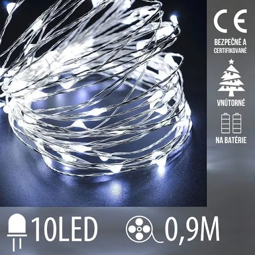 Vianočná led svetelná mikro reťaz na batérie - 10led - 0,9m studená biela