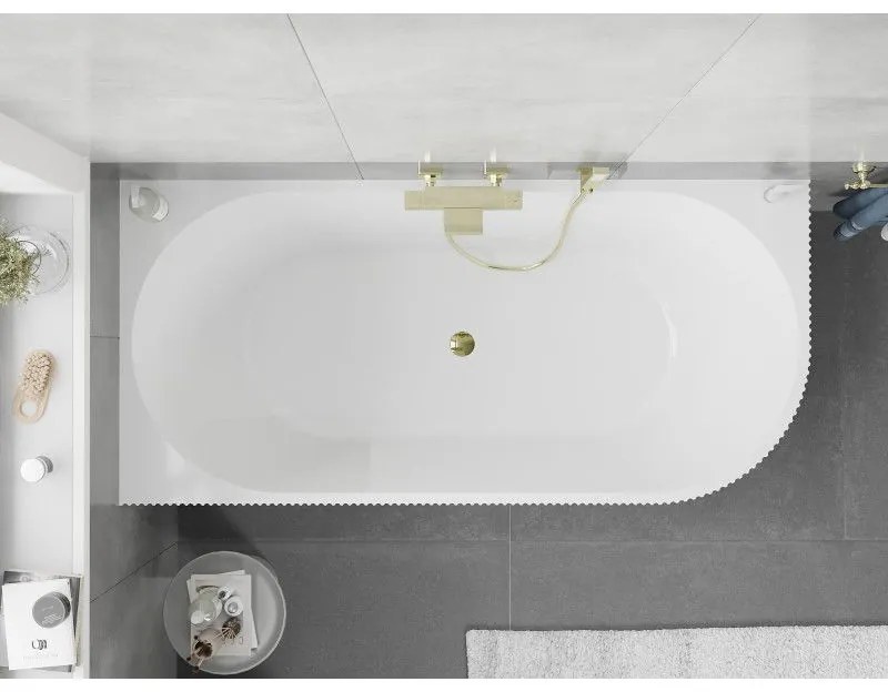 Mexen Silo, rohová voľne stojaca ryhovaná vaňa, ľavá, 170 x 80 cm, biela lesklá, zlatý lesklý prepad, 52891708000L-50