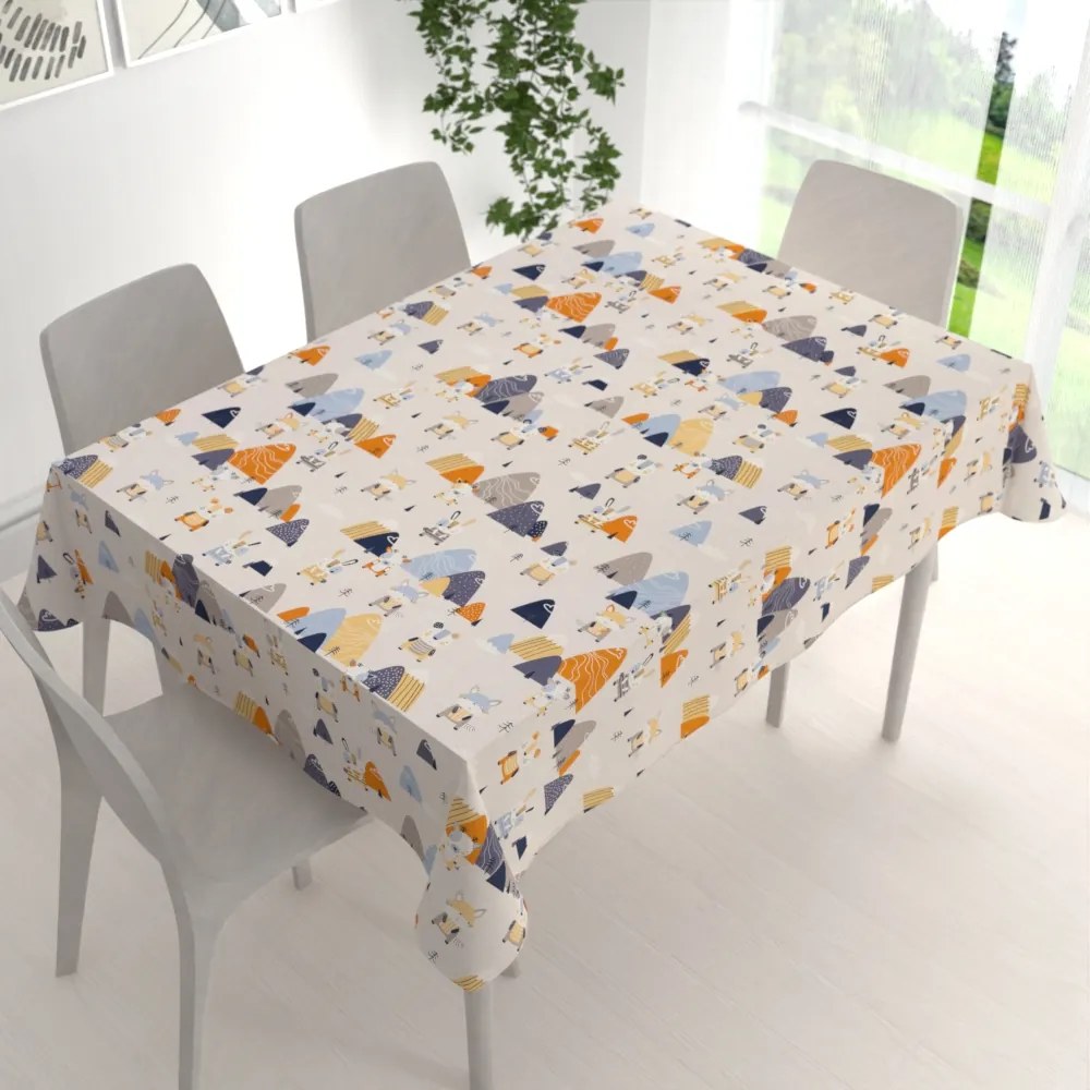 Biante Detský bavlnený obdĺžnikový obrus Sandra SA-613 Modro-oranžové lesné zvieratká na bledo sivom 50x100 cm
