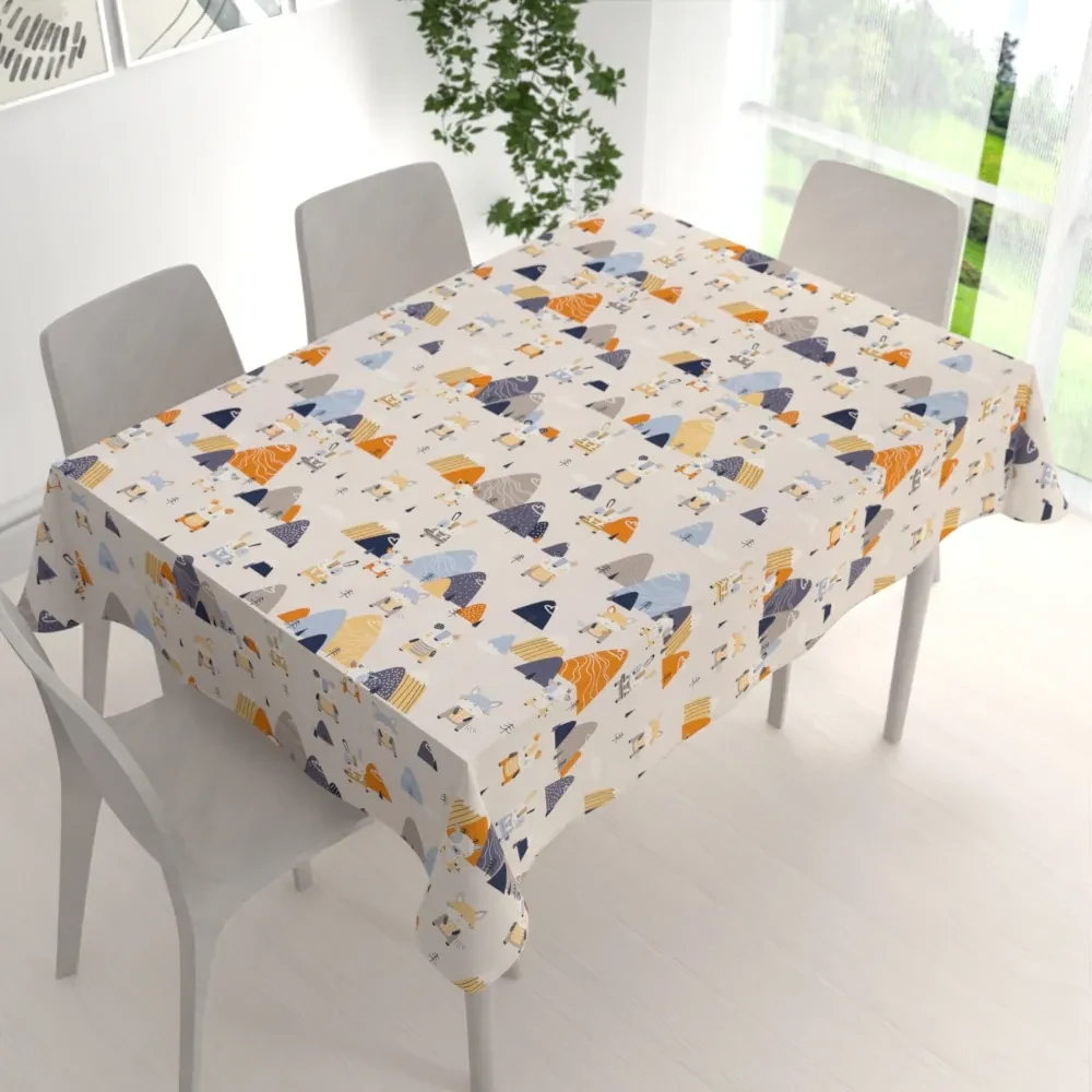 Biante Detský bavlnený obdĺžnikový obrus Sandra SA-613 Modro-oranžové lesné zvieratká na bledo sivom 50x100 cm