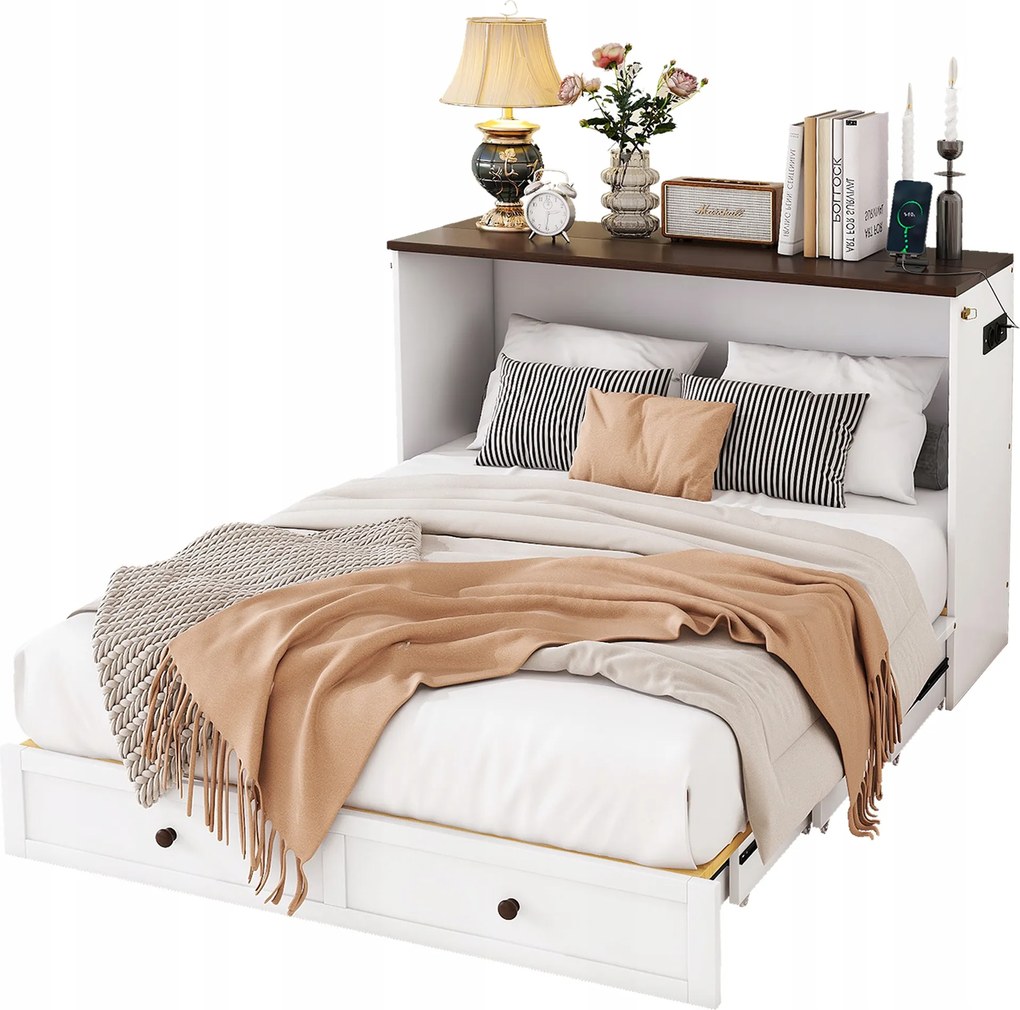 Murphyho posteľ, 140 x 200 cm, dvojlôžková posteľ, poličky Usb, zásuvka, biela