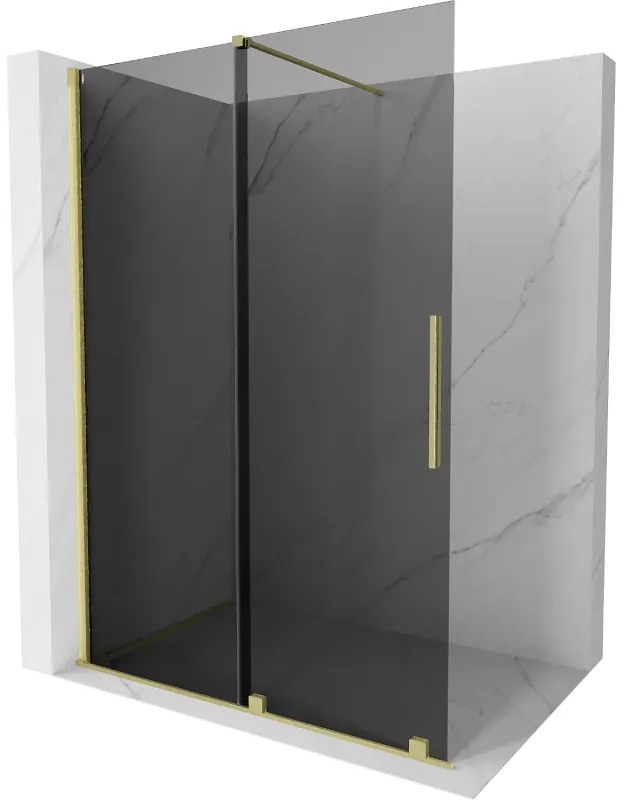 Mexen Velar, sprchová zástena s posuvnými dverami Walk-in 140 x 200 cm, 8mm šedé sklo, zlatá matná, 871-140-000-43-55