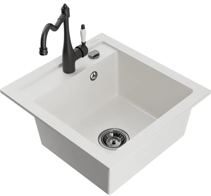 Mexen Vito, granitový drez 490x520x210 mm, 1-komorový a drezová batéria Carla, biela, 6503-20-670700-70