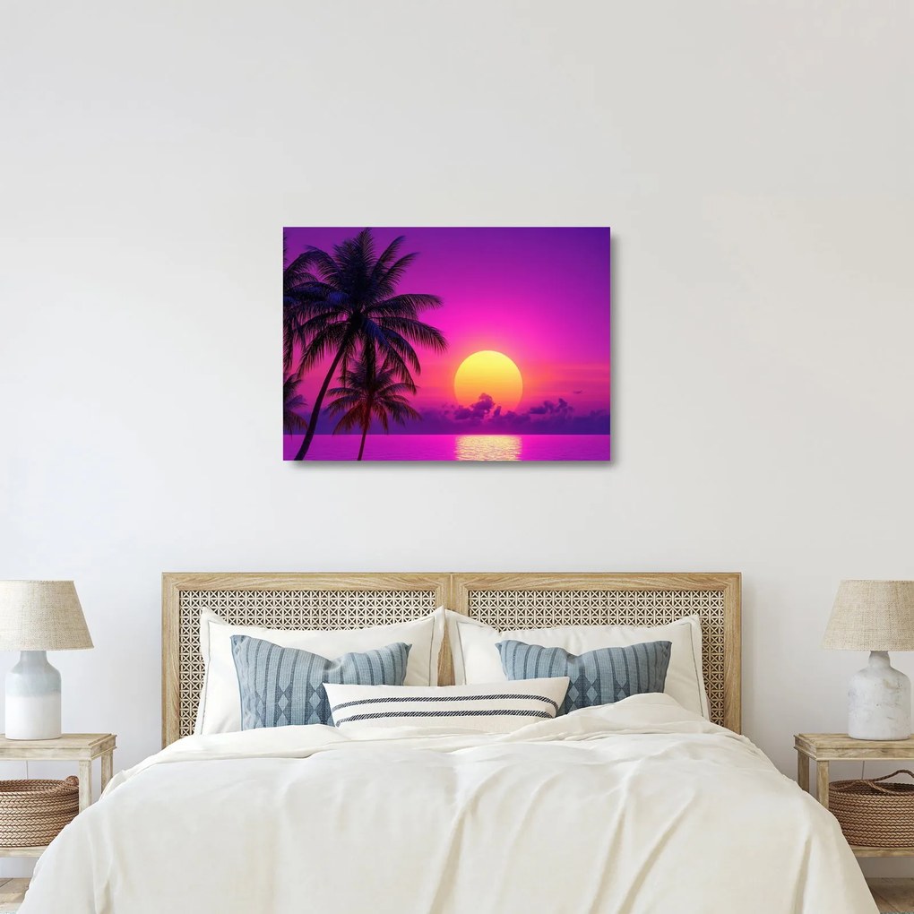 Sklenený obraz - Fialový západ s palmou (70x50 cm)