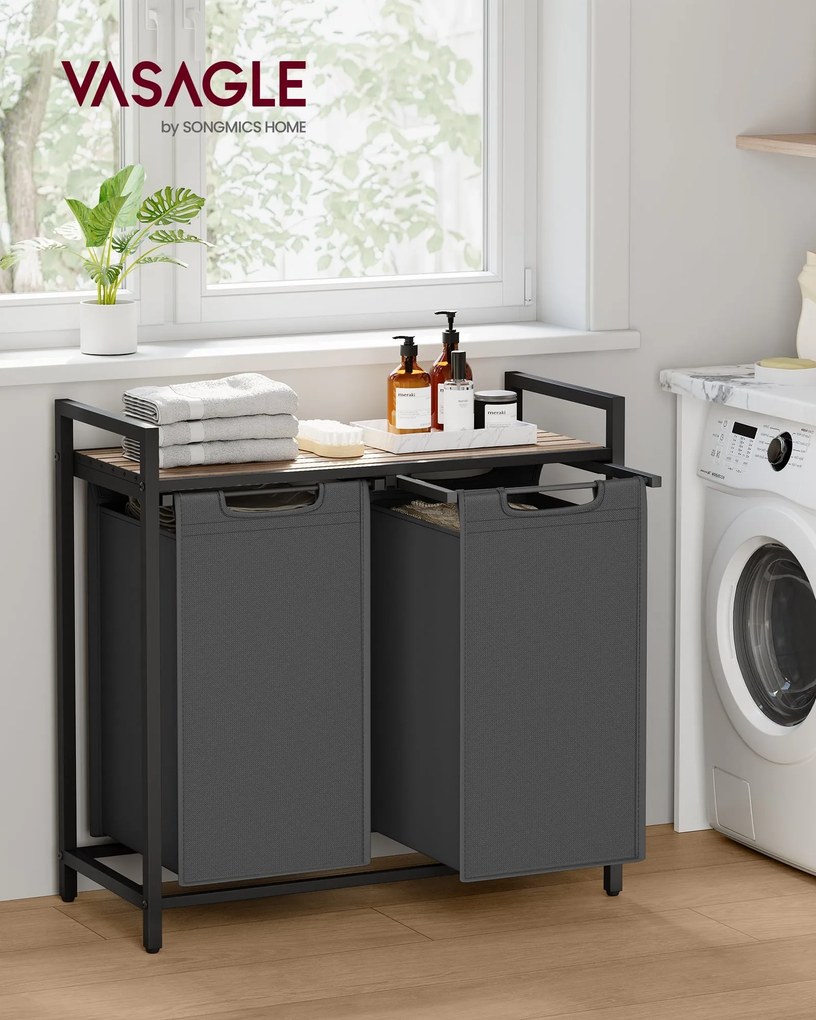 Kôš na prádlo, 2 priehradkový, 2 × 46 l, 73 × 33 × 72 cm, ťavová hnedá a šedá