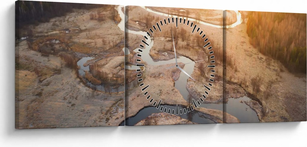Obraz - Úsvit nad meandrami (s hodinami) (90x30 cm)