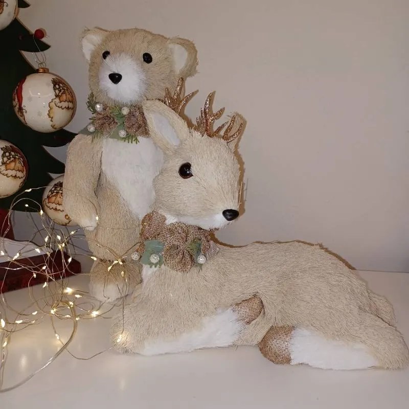 DECOLED Dekorace jelen, 30 × 15 × 26 cm, PVC a plyš, béžový