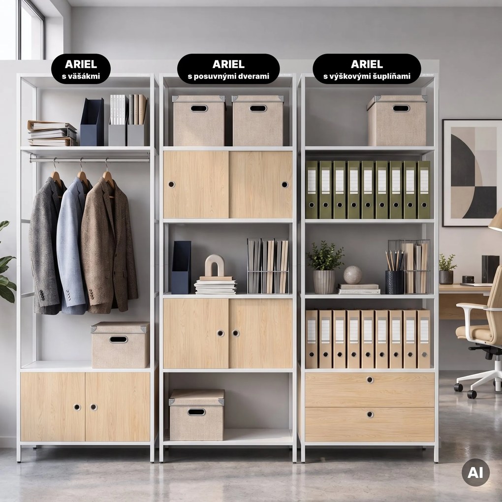 Kancelársky regál otvorený s tyčou na oblečenie, do recepcie a čakárne, kovový, biely/dub sonoma, 800x2200x400 mm: ARIEL Eco Design