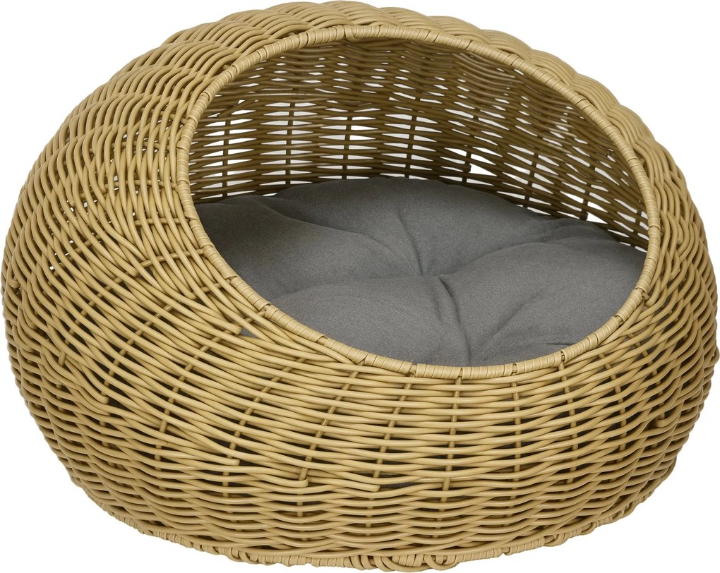 PawHut Ratanová mačacia stolička s vankúšom pre mačky do 4 kg, Posteľ pre domácich miláčikov, Mačacia jaskyňa, Interiér, PE ratan, Ø50 x 31 cm, Svetlo