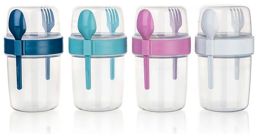 Pohár na jogurt s viečkom + lyžica + vidlička