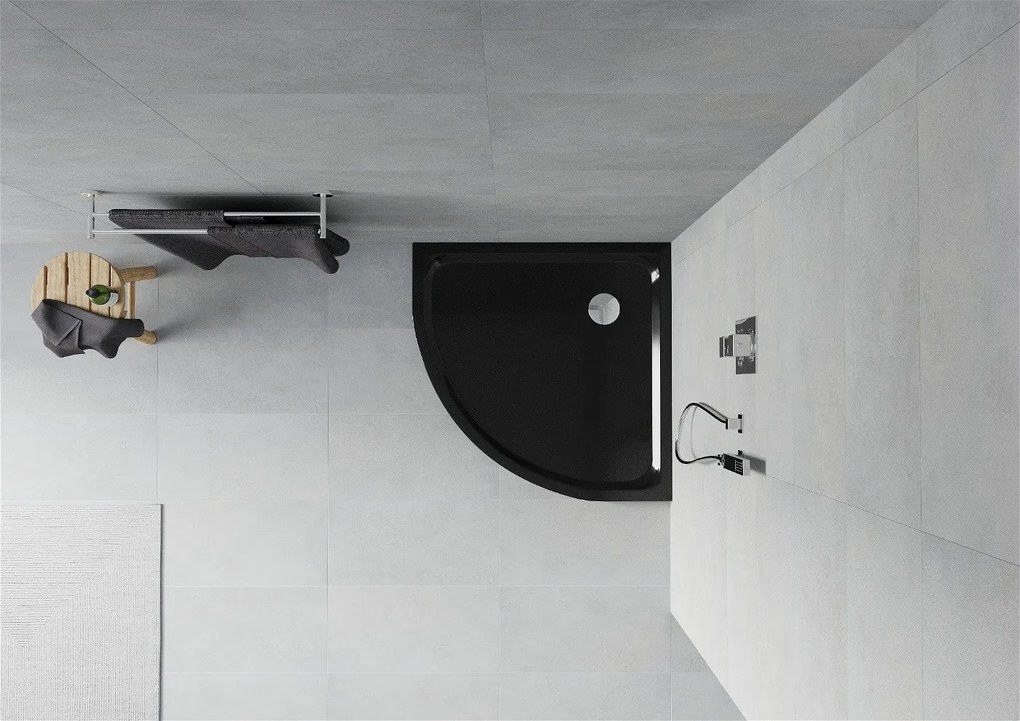 Mexen SLIM - Štvrťkruhová sprchová vanička 80x80x5cm + chrómový sifón, čierna, 41708080