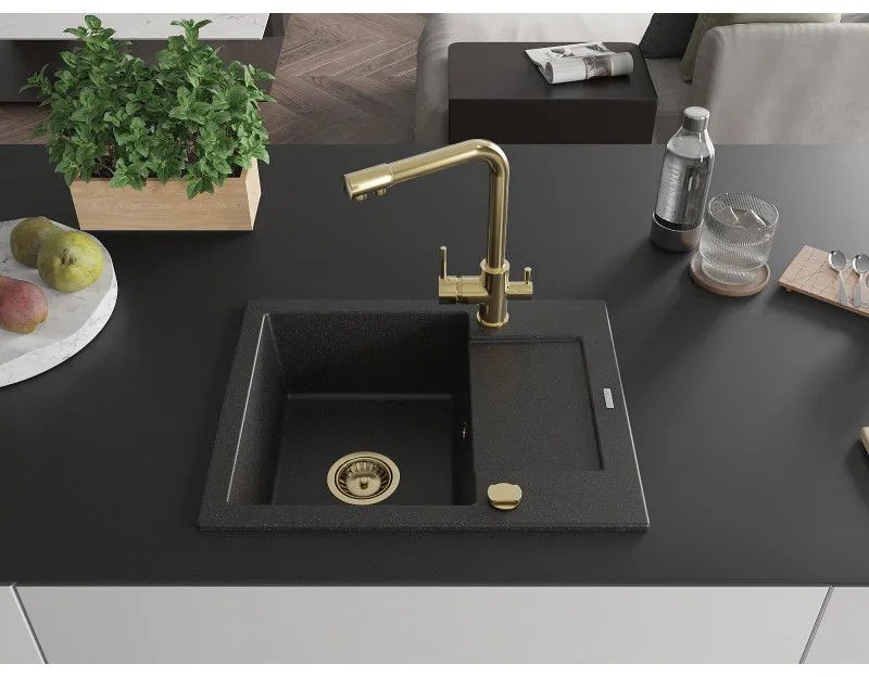 Mexen Enzo, granitový drez 576x465x174 mm, 1-komorový, zlatá batéria Duero, čierna - strieborná metalíza, 6506-73-671600-50