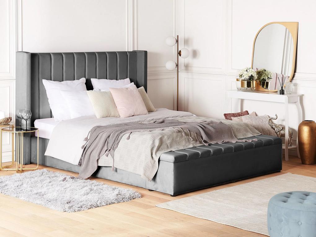 Zamatová posteľ s úložným priestorom 160 x 200 cm sivá NOYERS Beliani