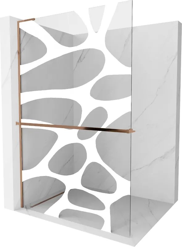 Mexen Kioto+ L, sprchová zástena Walk-In s poličkou a vešiakom 70 x 200 cm, 8mm číre sklo biely vzor, ružové zlato profil, 800-070-123-60-97