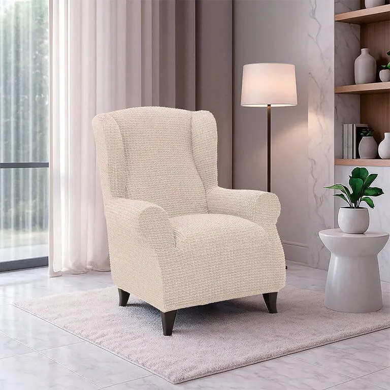 Super strečové poťahy RUBINIA smotanová kreslo ušiak (š. 70 - 95 cm)