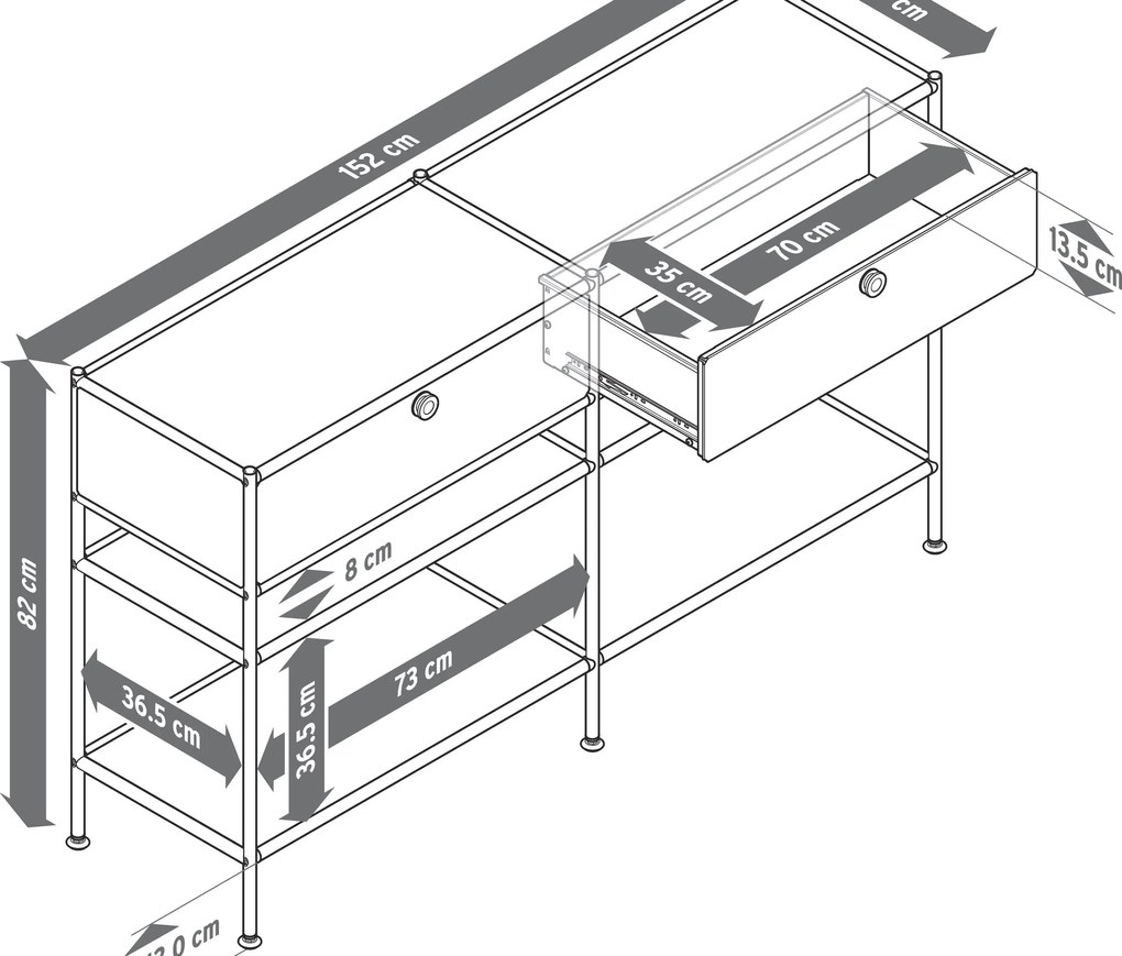 Kovový konzolový stolík »CN3« s 2 zásuvkami, sivý