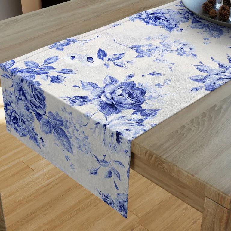 Goldea dekoračný behúň na stôl loneta - vzor veľké modré ruže 20x160 cm