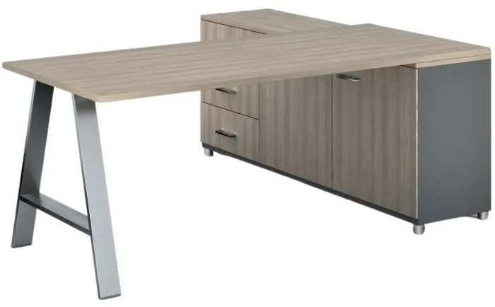 Rohový kancelársky písací stôl PRIMO STUDIO, skrinka vľavo, 1800 x 800 mm, sivá / dub prírodný