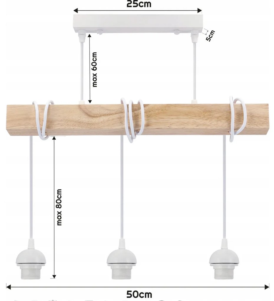 BERGE LED závesné stropné svietidlo, drevený trám, 3xE27 loft - biela