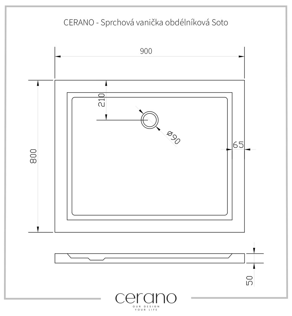 Cerano Soto, obdĺžniková akrytálová sprchová vanička 90x80x5 cm, biela, CER-CER-425551