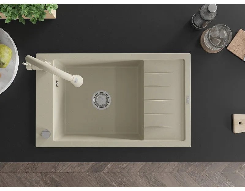 Mexen Elias, 1-komorový granitový drez 795x480x200 mm a drezová batéria Elia, béžová, 6511-69-670101-69