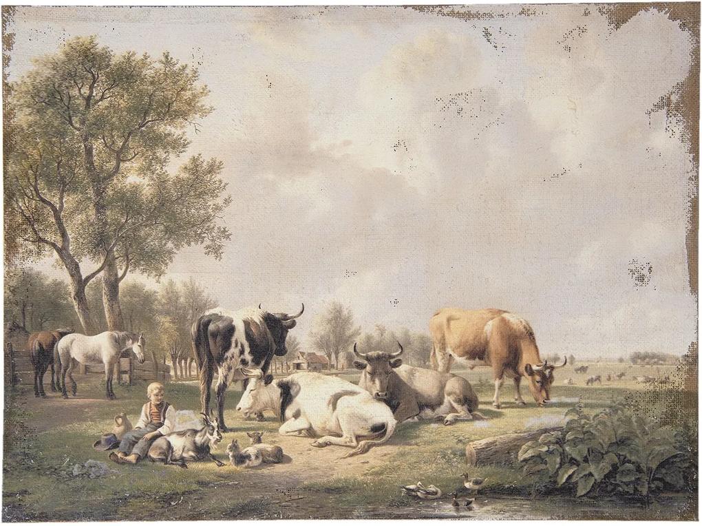 Vintage obraz s motívom pasúcich sa kráv - 73 * 3 * 55 cm