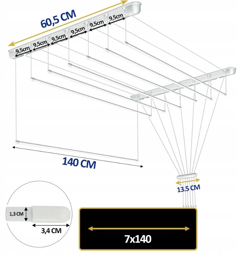 Erga Erga, stropný vešiak na sušenie bielizne 7x140 cm, biela, ERG-SEP-10SUSSUF1407P
