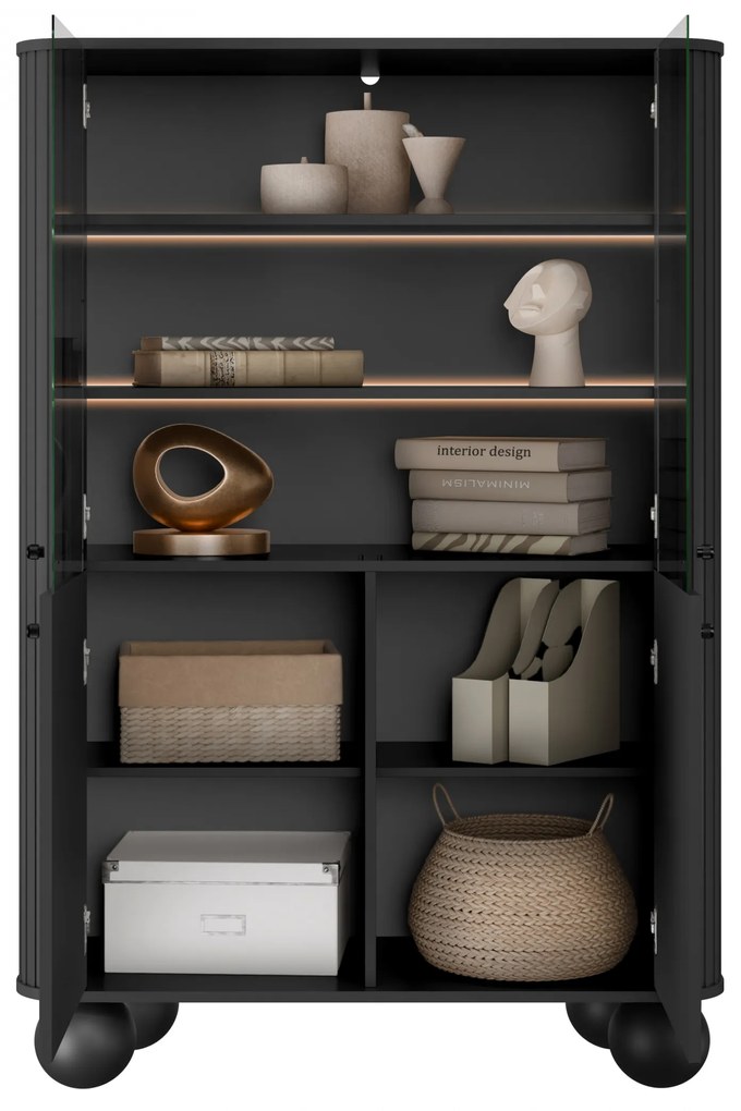 Vitrína Vesper 103 cm - čierna / čierne úchytky / guľové nožičky