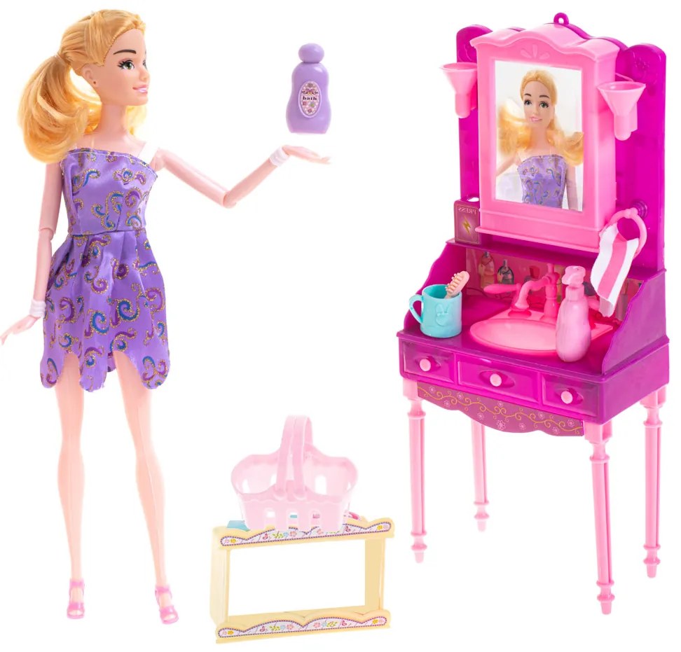 KIK Bábika Fashionista s toaletným stolíkom a oblečením na prezliekanie