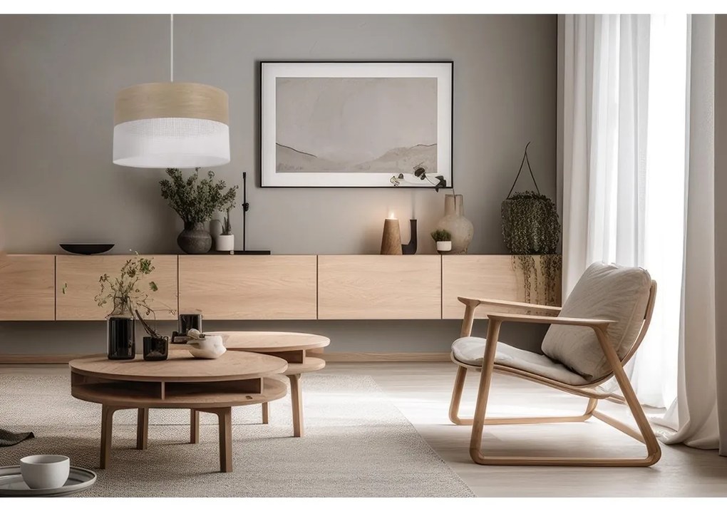 Závesné svietidlo Wood, 1x dýha zlatý dub/biele PVC tienidlo, (fi 35cm)