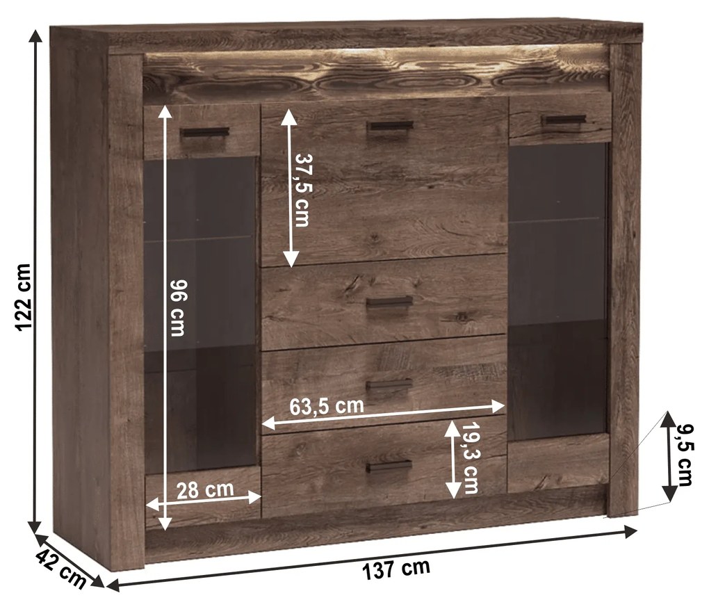 Kondela Komoda s vitrínami, jaseň tmavý, INFINITY 08