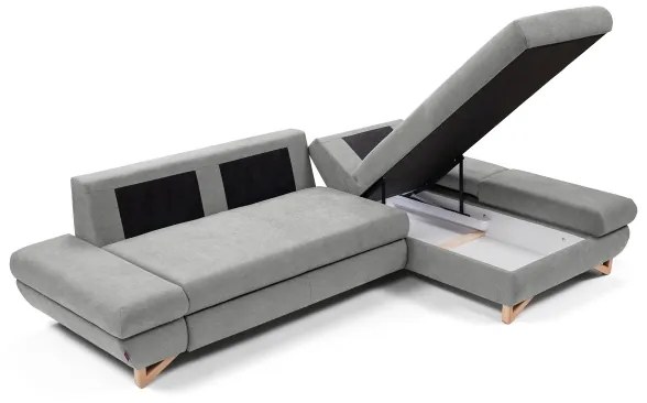 Rozkladacia rohová čalúnená sedacia súprava s úložným priestorom do tvaru L AVESTA pravá sivá