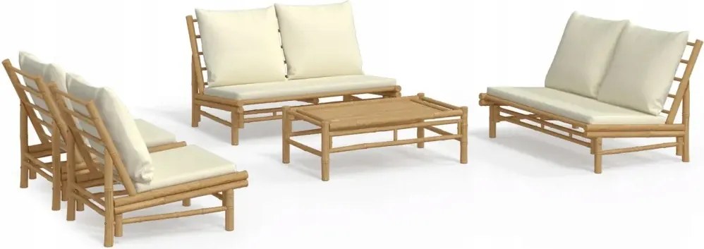 vidaXL 5-dielna sada záhradného nábytku, krémové vankúše, bambus