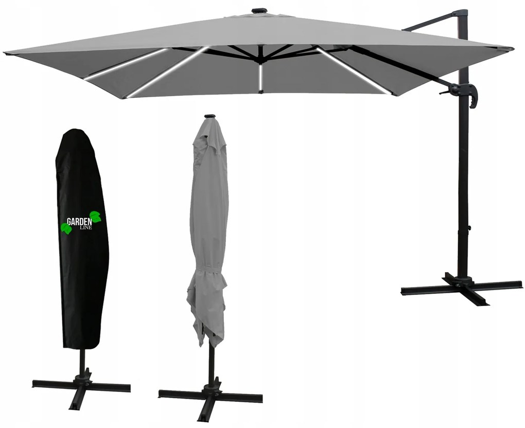 Záhradný slnečník s ochranným obalom a LED osvetlením ROMA 300 x 400 cm sivý